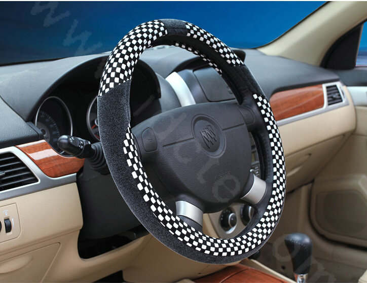 New Arrival Classic Plaid Winter Velvet Car Steering Wheel Covers 15 inch 38CM - Black White