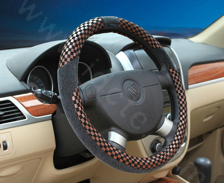 New Arrival Classic Plaid Winter Velvet Car Steering Wheel Covers 15 inch 38CM - Brown Black