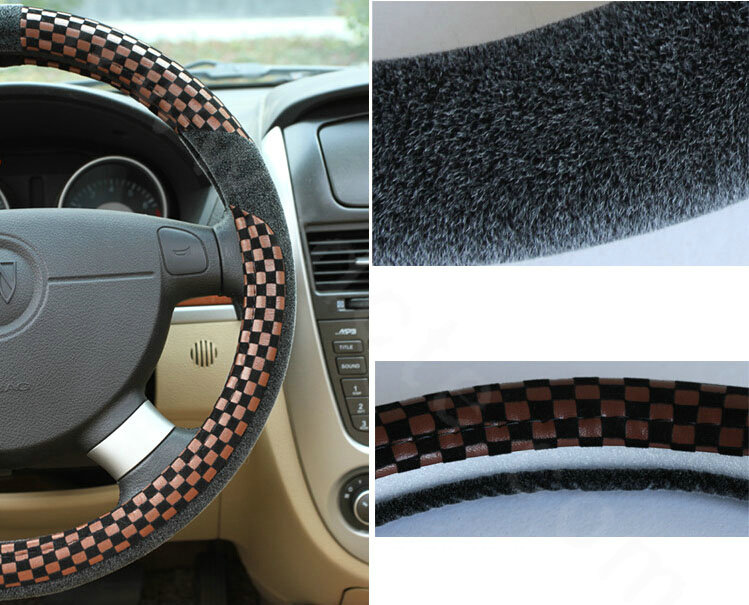 New Arrival Classic Plaid Winter Velvet Car Steering Wheel Covers 15 inch 38CM - Brown Black