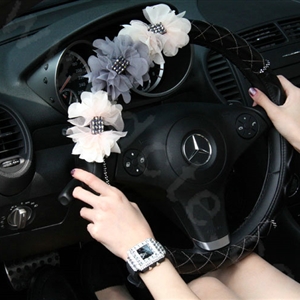 New Crystal Beads Lace Rose Auto Steering Wheel Covers Genuine Sheepskin 15 inch 38CM - Black