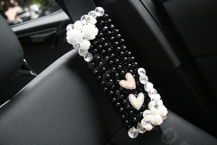 New Crystal Beads Pearls Rose Auto Seat Safety Belt Covers Genuine Sheepskin 2pcs - Black