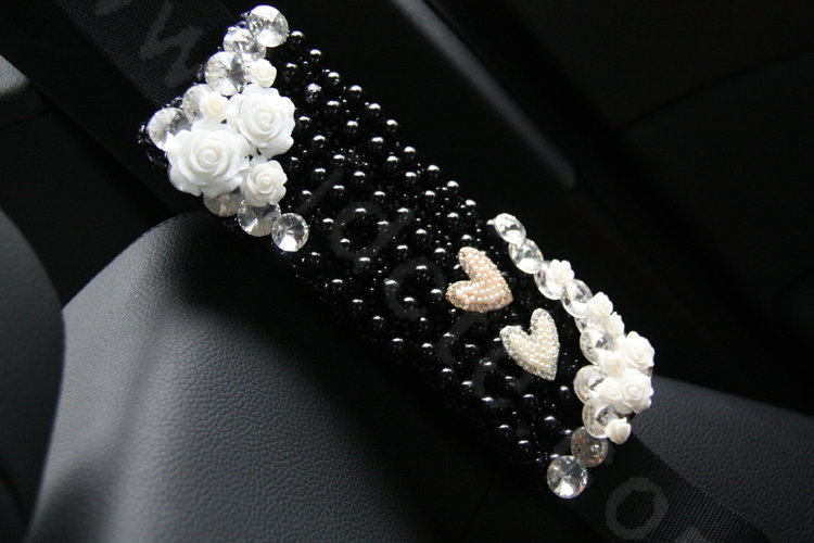 New Crystal Beads Pearls Rose Auto Seat Safety Belt Covers Genuine Sheepskin 2pcs - Black