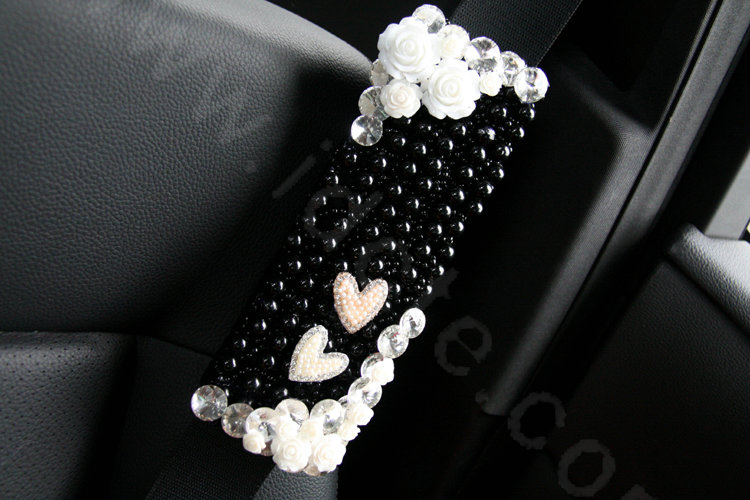 New Crystal Beads Pearls Rose Auto Seat Safety Belt Covers Genuine Sheepskin 2pcs - Black