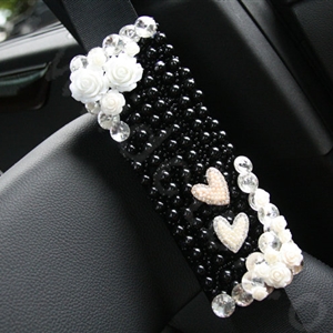 New Crystal Beads Pearls Rose Auto Seat Safety Belt Covers Genuine Sheepskin 2pcs - Black