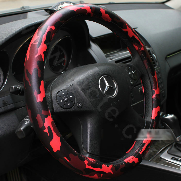 New Female Camo PU Leather Vehicle Steering Wheel Covers 15 inch 38CM - Red
