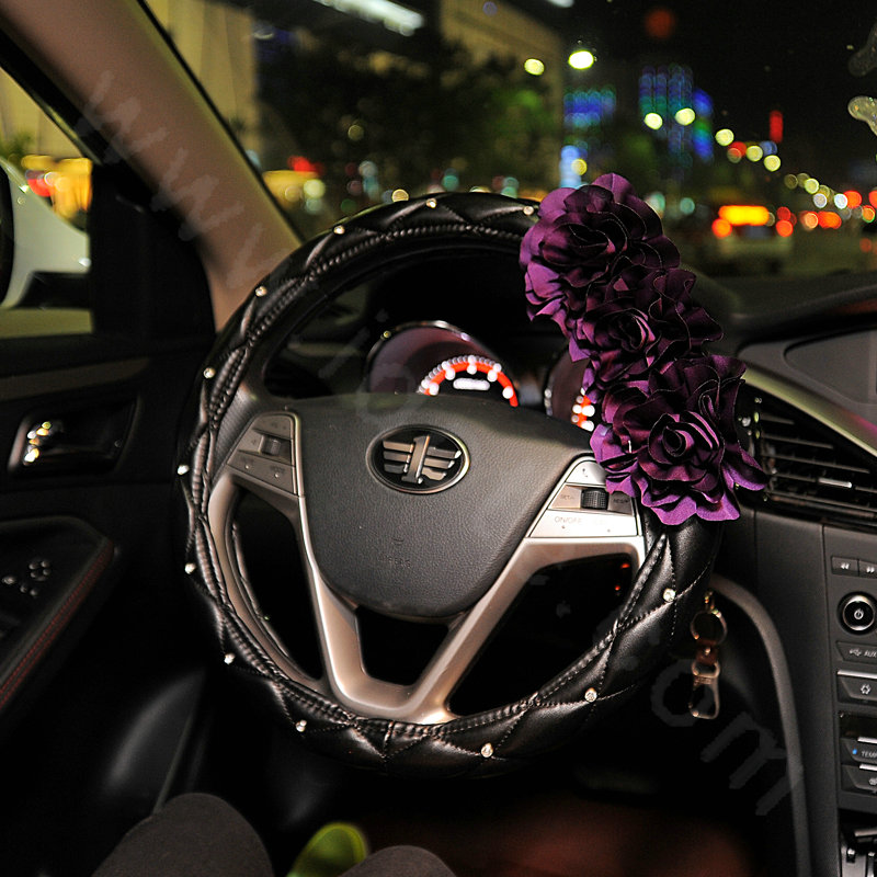 New Flower Diamond Car Steering Wheel Covers Genuine Leather 15 inch 38CM - Purple