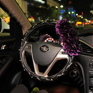 New Flower Diamond Car Steering Wheel Covers Genuine Leather 15 inch 38CM - Purple