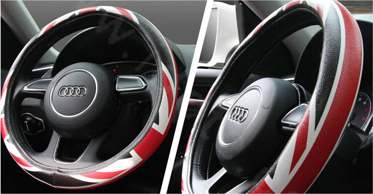 New High Quality British Flag PU Leather Car Steering Wheel Covers 15 inch 38CM - Red Black