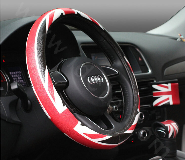 New High Quality British Flag PU Leather Car Steering Wheel Covers 15 inch 38CM - Red Black