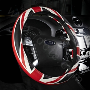 New High Quality British Flag PU Leather Car Steering Wheel Covers 15 inch 38CM - Red Black