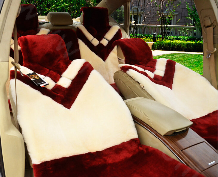 New Luxury Whole Fur Wool Auto Cushion Universal Genuine Sheepskin Car Seat Covers 6pcs Sets - Red
