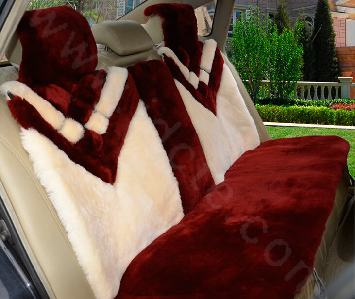 New Luxury Whole Fur Wool Auto Cushion Universal Genuine Sheepskin Car Seat Covers 6pcs Sets - Red
