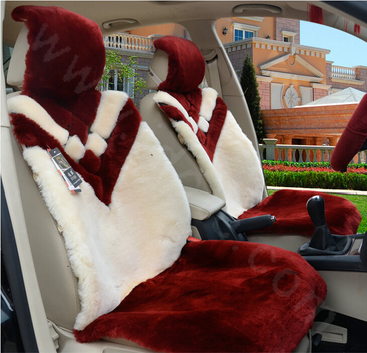 New Luxury Whole Fur Wool Auto Cushion Universal Genuine Sheepskin Car Seat Covers 6pcs Sets - Red