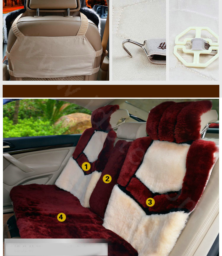 New Luxury Whole Fur Wool Auto Cushion Universal Genuine Sheepskin Car Seat Covers 6pcs Sets - Red