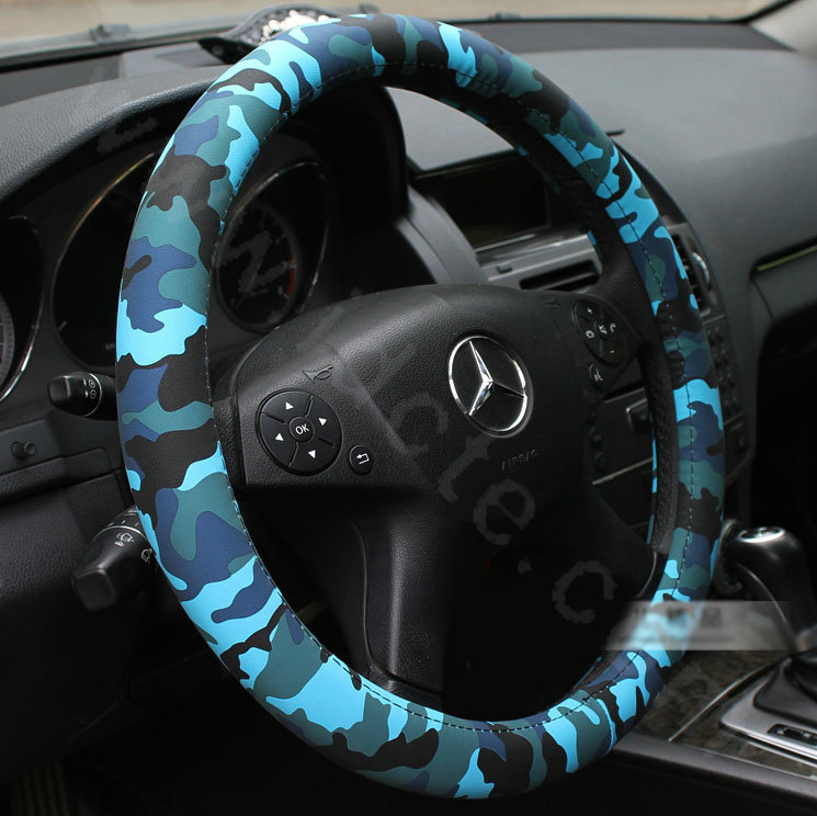 New Man Camo PU Leather Vehicle Steering Wheel Covers 15 inch 38CM - Blue