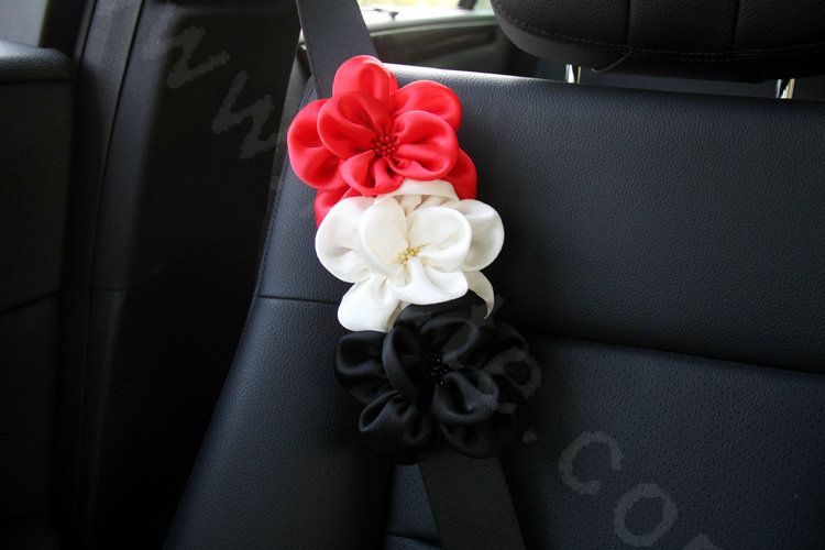 New Sexy Crystal Beads Rose Auto Seat Safety Belt Covers Genuine Sheepskin 2pcs - Red