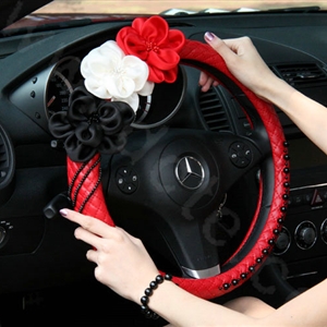 New Sexy Crystal Beads Rose Auto Steering Wheel Covers Genuine Sheepskin 14 inch 36CM - Red