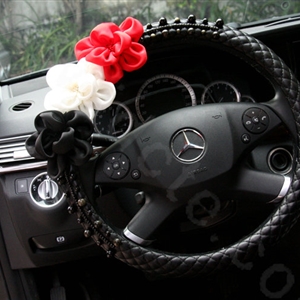 New Sexy Crystal Beads Rose Auto Steering Wheel Covers Genuine Sheepskin 15 inch 38CM - Black