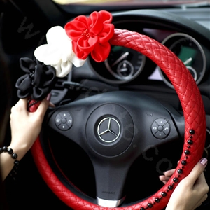 New Sexy Crystal Beads Rose Auto Steering Wheel Covers Genuine Sheepskin 15 inch 38CM - Red