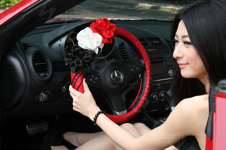 New Sexy Crystal Beads Rose Auto Steering Wheel Covers Genuine Sheepskin 16 inch 40CM - Red