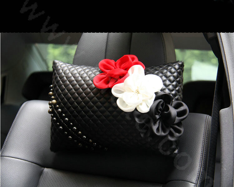 New Sexy Crystal Beads Rose Car Headrest Neck Safety Pillow Genuine Sheepskin 1pcs - Black