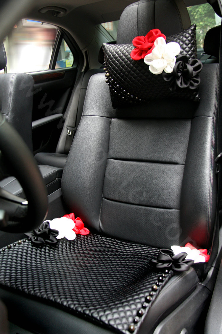 New Sexy Crystal Beads Rose Car Headrest Neck Safety Pillow Genuine Sheepskin 1pcs - Black