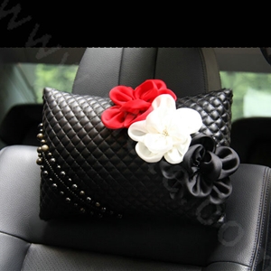 New Sexy Crystal Beads Rose Car Headrest Neck Safety Pillow Genuine Sheepskin 1pcs - Black