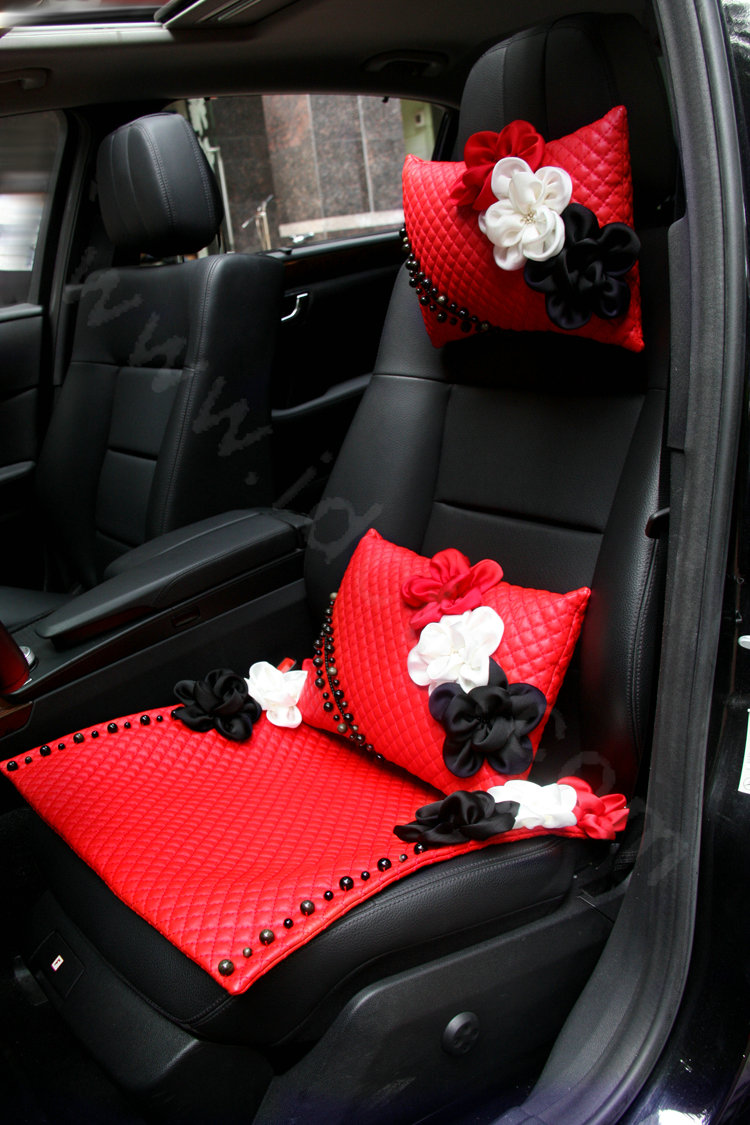 New Sexy Crystal Beads Rose Car Headrest Neck Safety Pillow Genuine Sheepskin 1pcs - Red