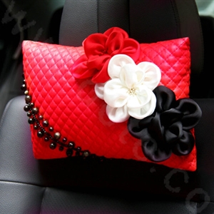 New Sexy Crystal Beads Rose Car Headrest Neck Safety Pillow Genuine Sheepskin 1pcs - Red
