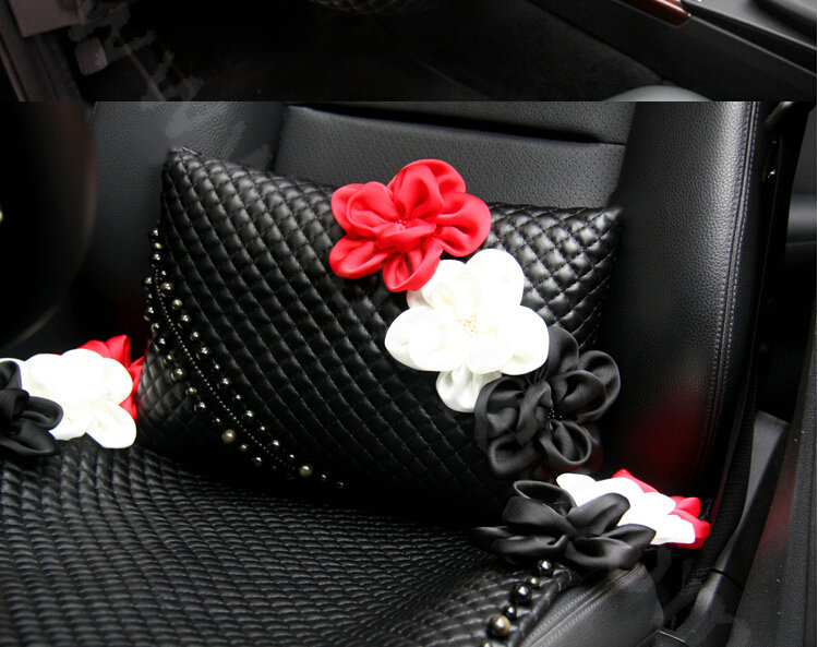 New Sexy Crystal Beads Rose Car Lumbar Pillow Genuine Sheepskin Support Cushion 1pcs - Black