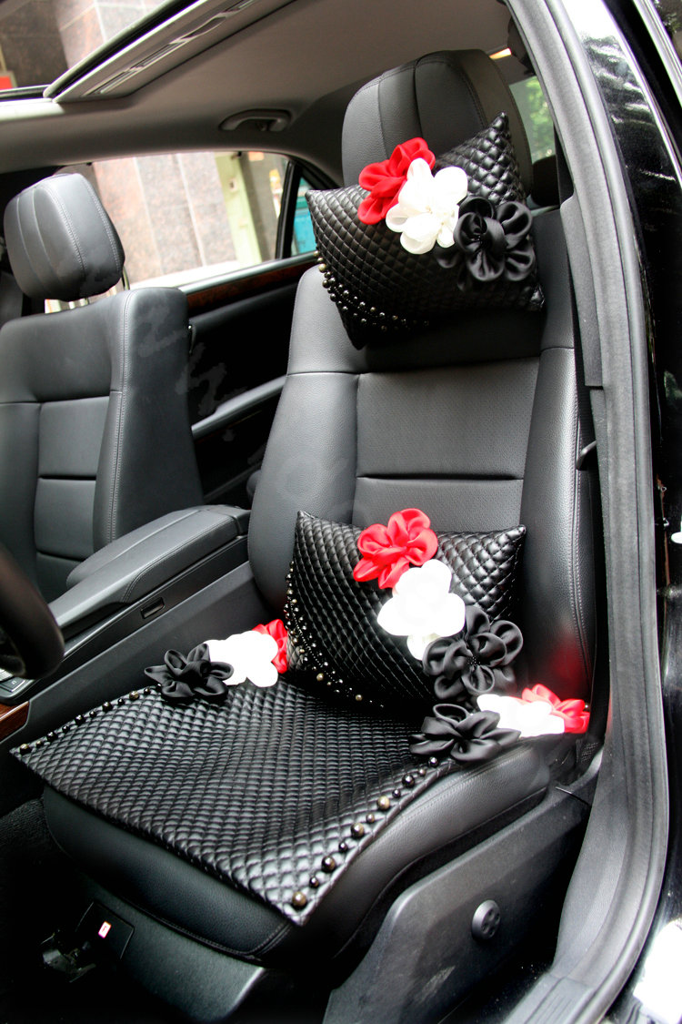 New Sexy Crystal Beads Rose Car Lumbar Pillow Genuine Sheepskin Support Cushion 1pcs - Black