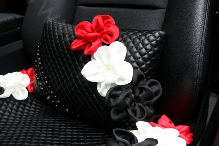 New Sexy Crystal Beads Rose Car Lumbar Pillow Genuine Sheepskin Support Cushion 1pcs - Black