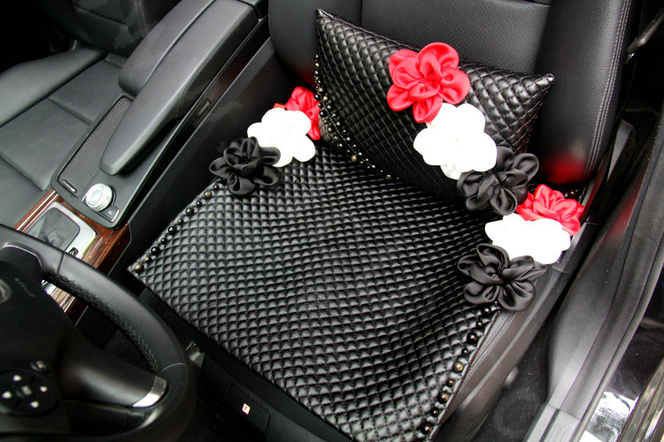 New Sexy Crystal Beads Rose Car Lumbar Pillow Genuine Sheepskin Support Cushion 1pcs - Black