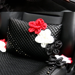 New Sexy Crystal Beads Rose Car Lumbar Pillow Genuine Sheepskin Support Cushion 1pcs - Black