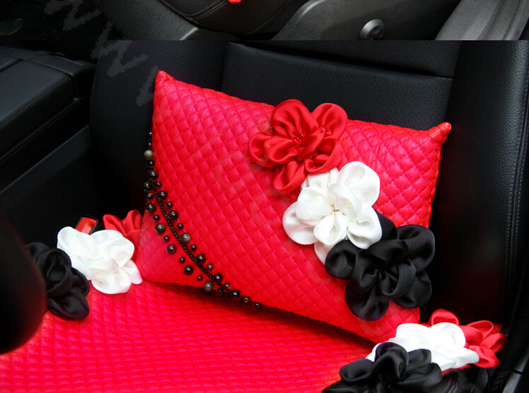New Sexy Crystal Beads Rose Car Lumbar Pillow Genuine Sheepskin Support Cushion 1pcs - Red