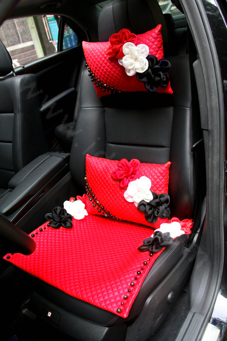 New Sexy Crystal Beads Rose Car Lumbar Pillow Genuine Sheepskin Support Cushion 1pcs - Red