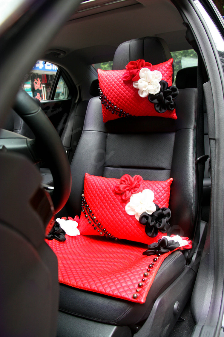 New Sexy Crystal Beads Rose Car Lumbar Pillow Genuine Sheepskin Support Cushion 1pcs - Red