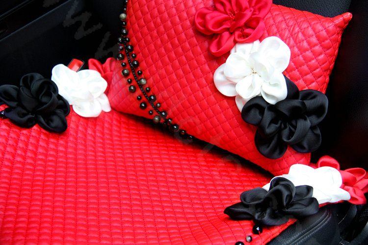 New Sexy Crystal Beads Rose Car Lumbar Pillow Genuine Sheepskin Support Cushion 1pcs - Red