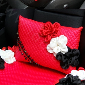 New Sexy Crystal Beads Rose Car Lumbar Pillow Genuine Sheepskin Support Cushion 1pcs - Red