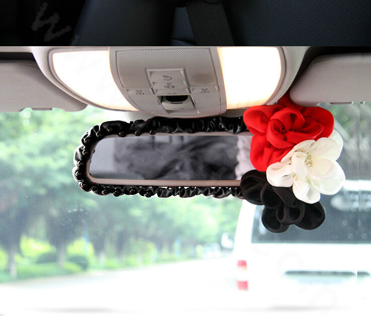 New Sexy Crystal Beads Rose Genuine Sheepskin Car Rearview Mirror Elastic Covers - Black