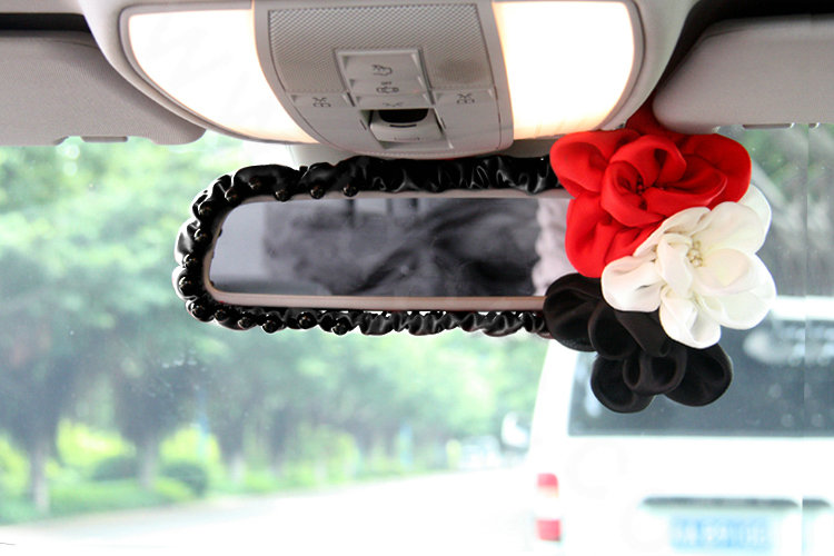 New Sexy Crystal Beads Rose Genuine Sheepskin Car Rearview Mirror Elastic Covers - Black