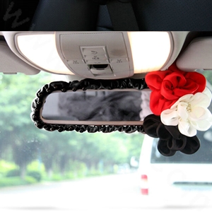 New Sexy Crystal Beads Rose Genuine Sheepskin Car Rearview Mirror Elastic Covers - Black