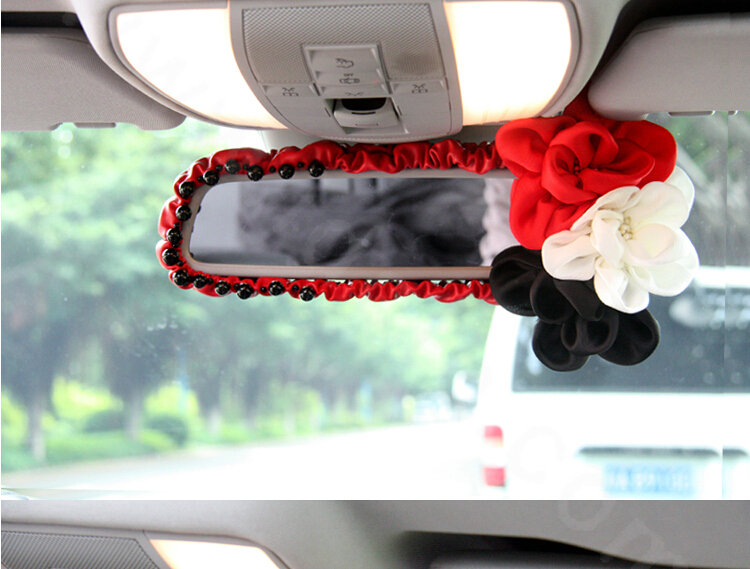 New Sexy Crystal Beads Rose Genuine Sheepskin Car Rearview Mirror Elastic Covers - Red