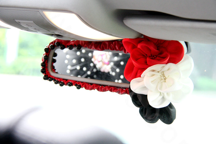New Sexy Crystal Beads Rose Genuine Sheepskin Car Rearview Mirror Elastic Covers - Red