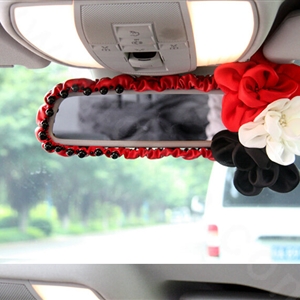 New Sexy Crystal Beads Rose Genuine Sheepskin Car Rearview Mirror Elastic Covers - Red