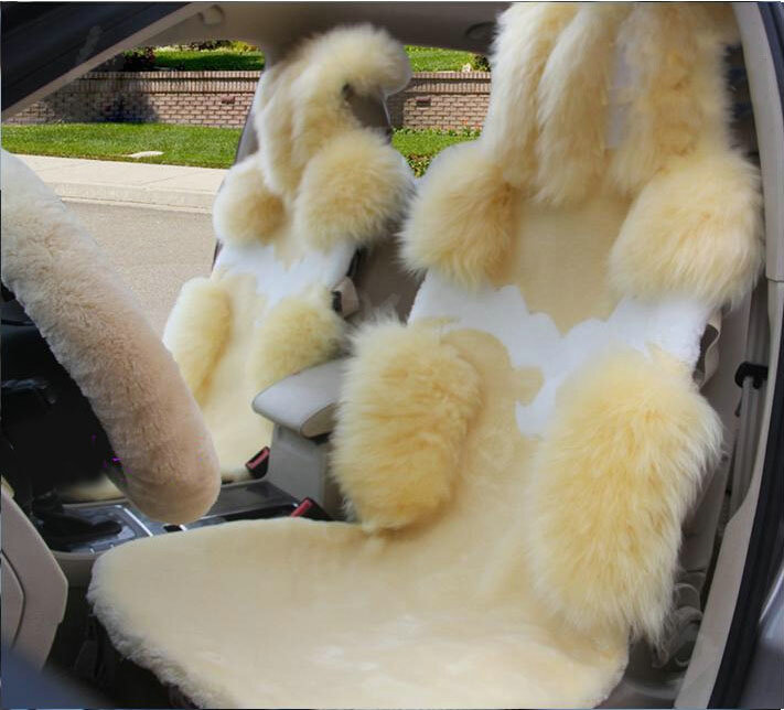 New Style Wool Auto Cushion Universal Genuine Sheepskin Car Seat Covers 4pcs Sets - Beige