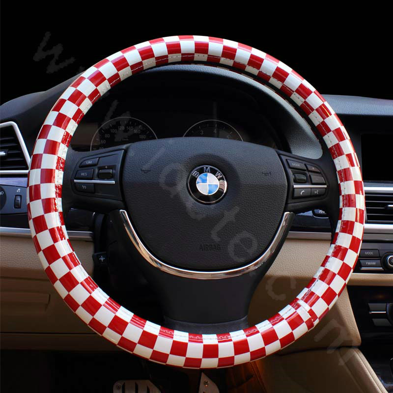 New Women Classic Plaids PU Leather Vehicle Steering Wheel Covers 15 inch 38CM - Red
