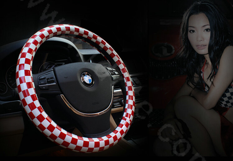 New Women Classic Plaids PU Leather Vehicle Steering Wheel Covers 15 inch 38CM - Red