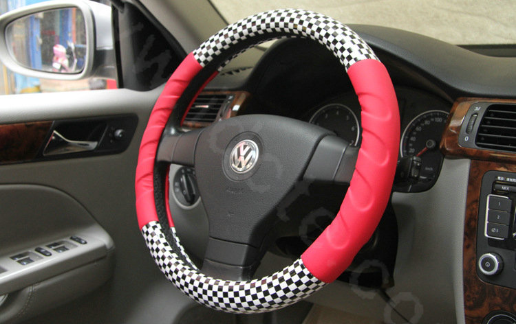 New Women Classic Plaids PU Leather Vehicle Steering Wheel Covers 15 inch 38CM - Rose