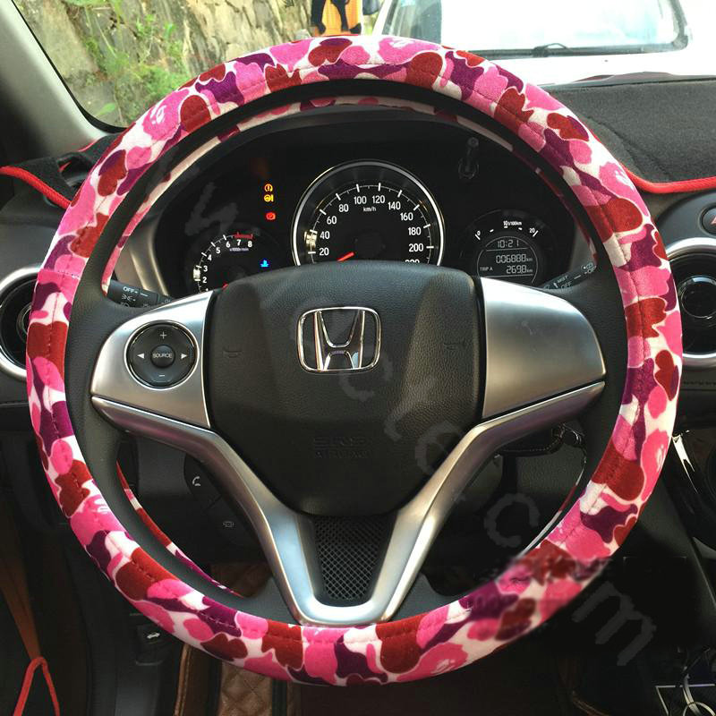 New Women Winter Plush Camo Car Steering Wheel Covers 15 inch 38CM - Pink